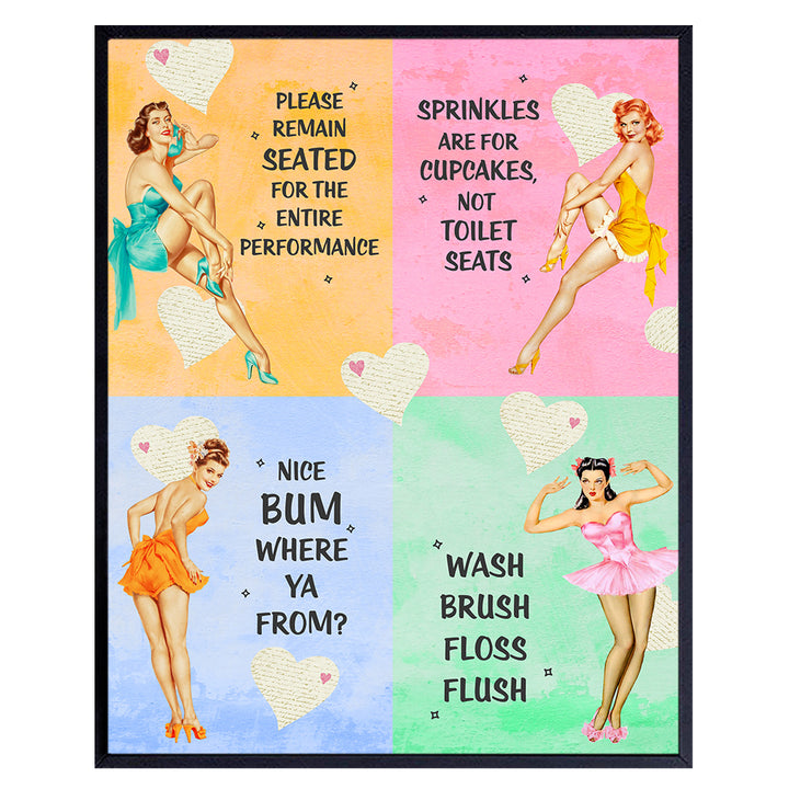 Pinup Bathroom Decor For Women - Bathroom Wall Art - Funny Retro 1950s Vintage Restroom Decorations for Home, Powder Room or Bath - Cute Unique Housewarming Gift - Pastel Colors, Blue, Pink, Yellow