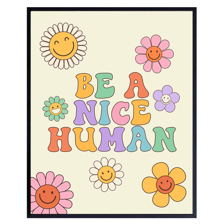 Preppy Trendy Room Decor - Be a Nice Human - 70s Retro style Happy Quotes Wall Decor Pop art Wall Decor Poster - Cute Indie Funky Wall Decor - Eclectic Wall Art - Girls Kids Bedroom Decor Aesthetic