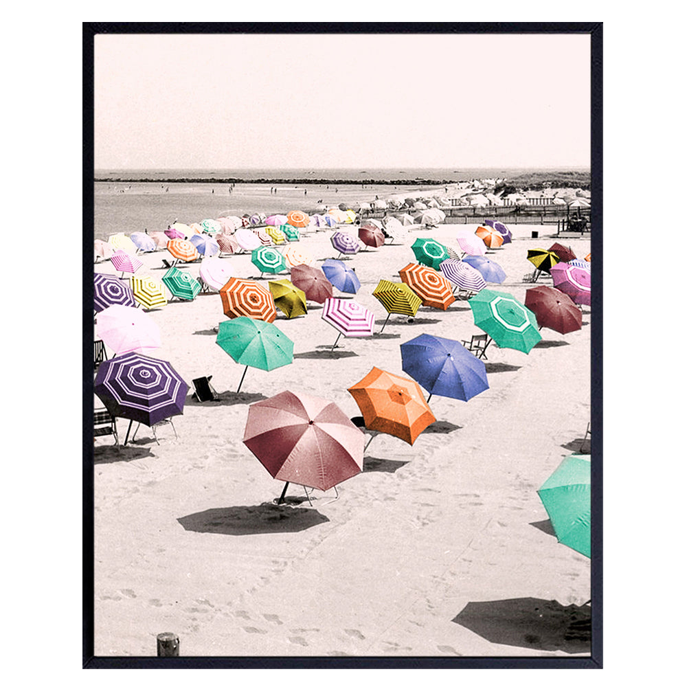 Summer Beach Umbrellas Vintage Photo Wall Decor Print - 8x10 Home Art Decoration Poster for Ocean House, Apartment, Bathroom, Bath - Unique Gift - Unframed