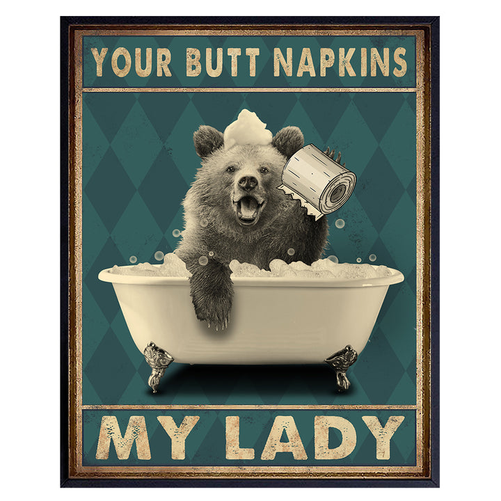 Butt Napkins My Lady - Bear Wall Decor - Country Rustic Bathroom Accessories - Bear Wall Art - Funny Bathroom Decor for Women, Kids - Bath Wall Decor- Bathroom Pictures - Guest Bathroom - Powder Room