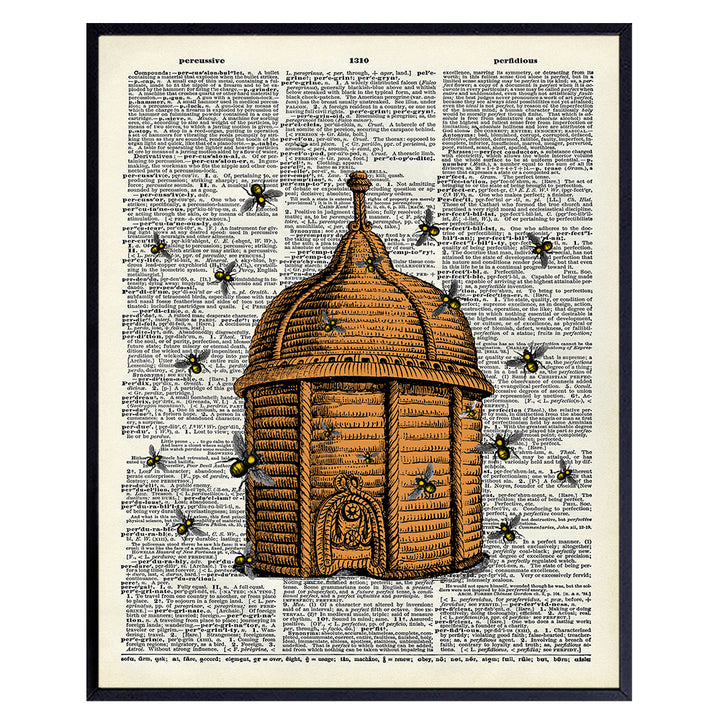 Beehive and Bees Dictionary Wall Art Print - Steampunk - Great For Home Decor, Flower Lovers and Easy Gift Giving - Perfect Present for Florists and Flower Shops - Ready to Frame (8X10) Vintage Photo