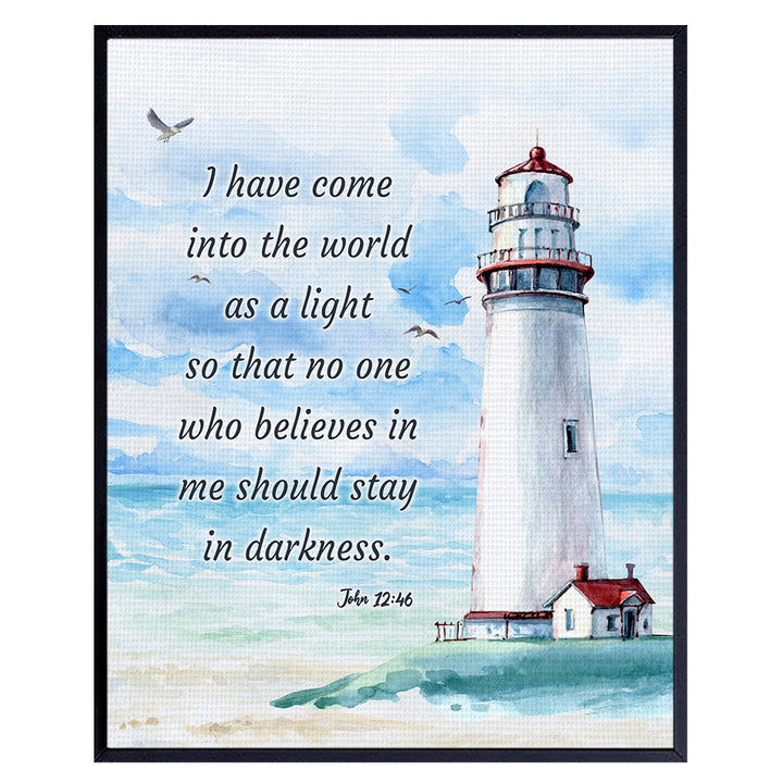 Nautical Seaside Lighthouse Christian Wall Art - Religious Scripture Bible Verse Gift - Ocean Home Decoration, Bathroom Wall Decor - Print for Beach House, Restroom, Living Room, Bedroom - Blue 8x10