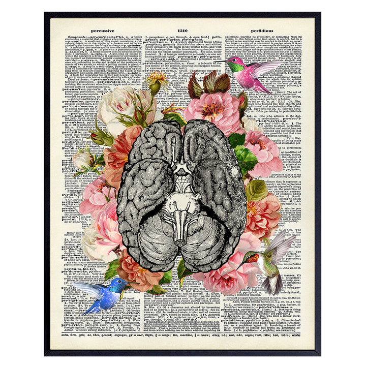 Floral Brain w/Hummingbirds Wall Art Decor - Vintage Rustic Shabby Chic Poster for Bathroom, Bedroom, Living Room, Doctor or Medical Office - Goth Gift for Nurse Practitioner, RN, CNA, Psychologist