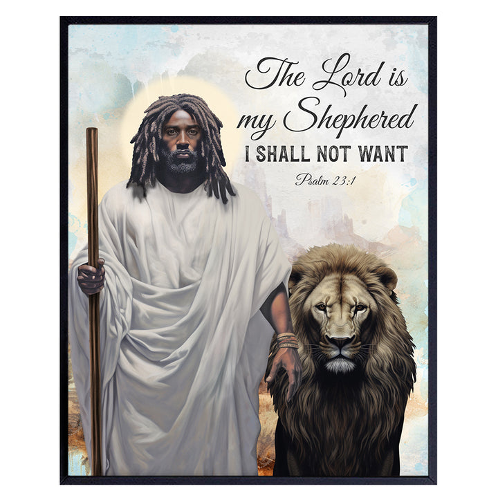 African Americans Jesus Christ Art - Psalm 23 Bible Verse Black Wall Art - Scripture Wall Decor - Religious Christian Gifts for Black Men - spiritual Gift - God Wall Decor, African American Art Poster