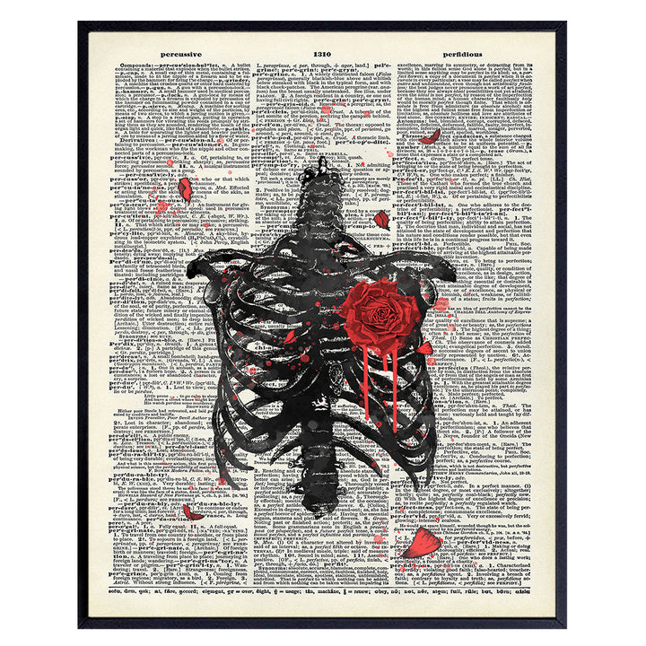 Goth, Gothic Anatomy Ribcage Wall Art Decor, Rose Dictionary Art - 8x10 Poster for Medical Clinic, Dr Office - Cool Unique Gift for Doctor, Med Student, Nurse, Physician Assistant, PA, Cardiologist