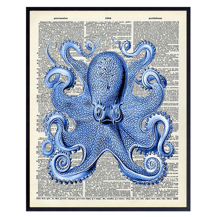 Vintage Octopus Dictionary Wall Decor Picture - Upcycled Retro Decoration for Home, Office or Apartment, Bedroom, Living Room, Bathroom, Bath - Gift for Ocean, Nautical Fans - 8x10 Poster Print