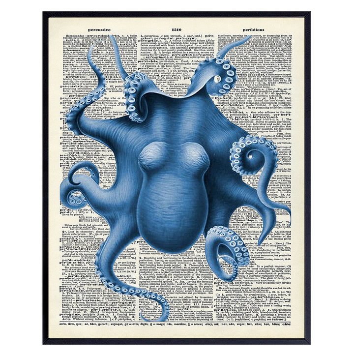 Blue Octopus Upcycled Dictionary Wall Art Print - 8x10 Vintage Unframed Photo - Perfect For Beach House Home Decor and Easy Gift Giving