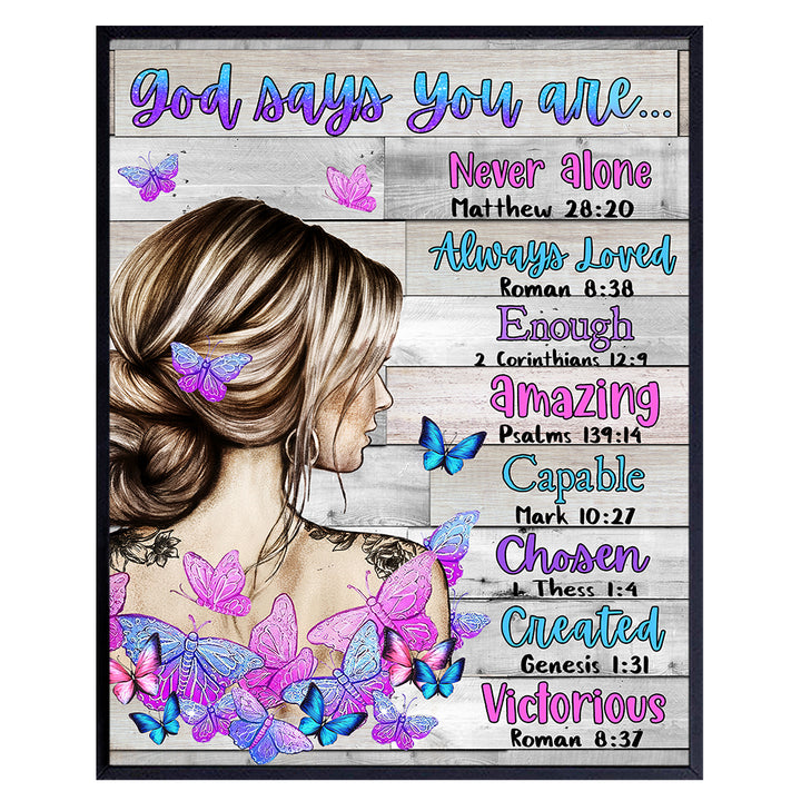 Inspirational Sayings Religious Art - Boho Farmhouse Decor - Christian Gifts for Women - Bible Verses spiritual Room Decor - God Quotes Wall Decor- Purple Blue Rustic Country God Says You Are Wall Art