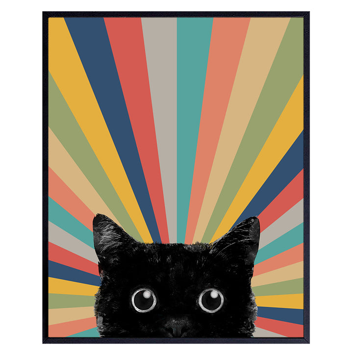 Cute Cat Wall Art Boho Wall Decor - Cat Wall Decor - Vintage Retro Black cat Stuff, Cat Mom, Cat Lover Gift - Cat Themed Gifts for Women - Cat Poster - Boho-chic Farmhouse Style Minimalist Room Decor