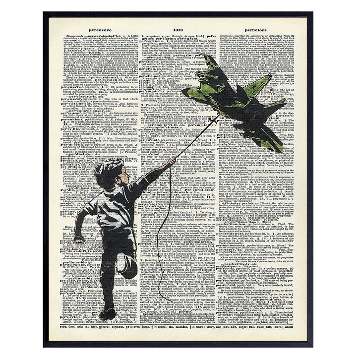 Banksy Graffiti Wall Art Poster - Military, Air Force Fighter Jet - Gift for Street Art Fans - Urban Mural Photo Poster, Home Decor, Boys or Kids Room Decoration - 8x10 UNFRAMED Boy With Plane