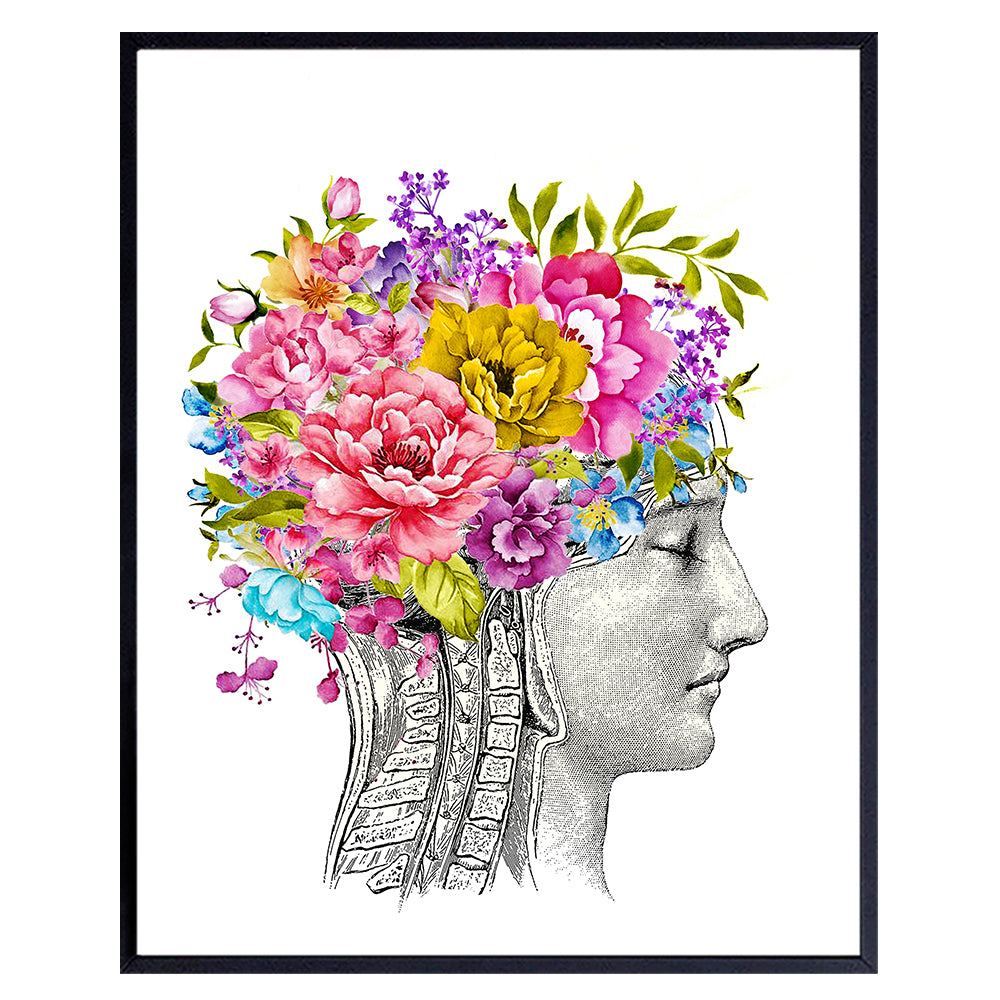 Vintage Anatomy Art Wall Decor - Unique Retro Gift for Women, Doctor, Nurse, Physician, Med Student - Boho Shabby Chic Poster Print for Home, Medical Clinic, Dr Office - 8x10 Floral Brain Picture