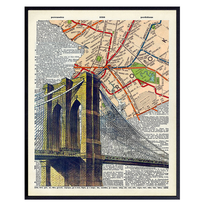 Brooklyn Bridge Subway Dictionary Art, Home Decor - Upcycled Vintage Wall Art Print, Poster- Pop Art Room Decorations or Gift for New Yorker, New York City, NY, NYC, Manhattan Fan, 8x10 Photo Unframed