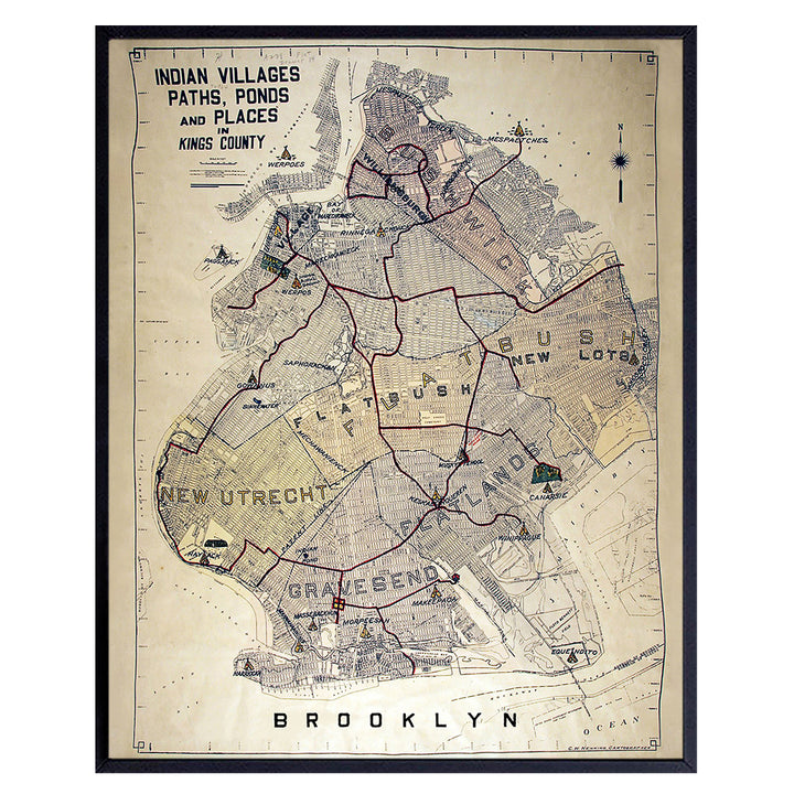 Brooklyn Map Poster Print - 8x10 NY Vintage Style Wall Decor, Home Decoration for Apartment, Office, Living Room, Bedroom - Unique Gift for New York, Manhattan or NYC Fan