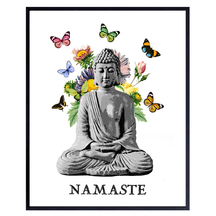 Namaste Buddhism Buddha Statue Wall Art Print - 8x10 Photo, Home Decor, Meditation Room, Spa or Yoga Studio Decoration - Boho Zen New Age Gift - Unframed Butterfly Poster Picture