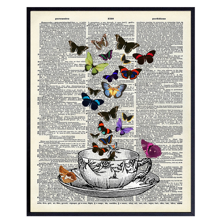 Vintage Teacup and Butterflies On Photo of Dictionary Page - Unframed Wall Art Print - Great Home Decor For Kitchen, Dining Room - Easy Anniversary Gift - Chic and Rustic - Ready to Frame (8x10) Photo