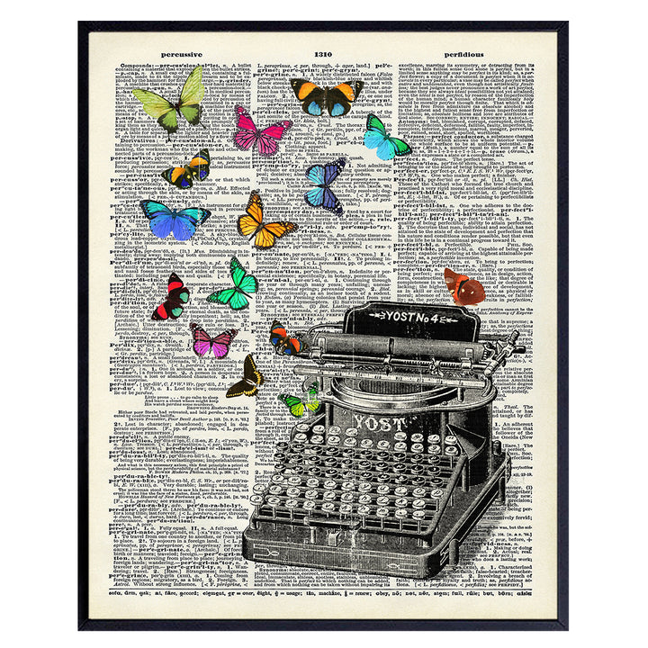 Typewriter Butterflies Dictionary Wall Art - 8x10 Sentimental Upcycled Home Decoration, Apartment or Office Decor - Chic Unique Gift for Writer, Teacher, Journalist, Personal Assistant, Secretary