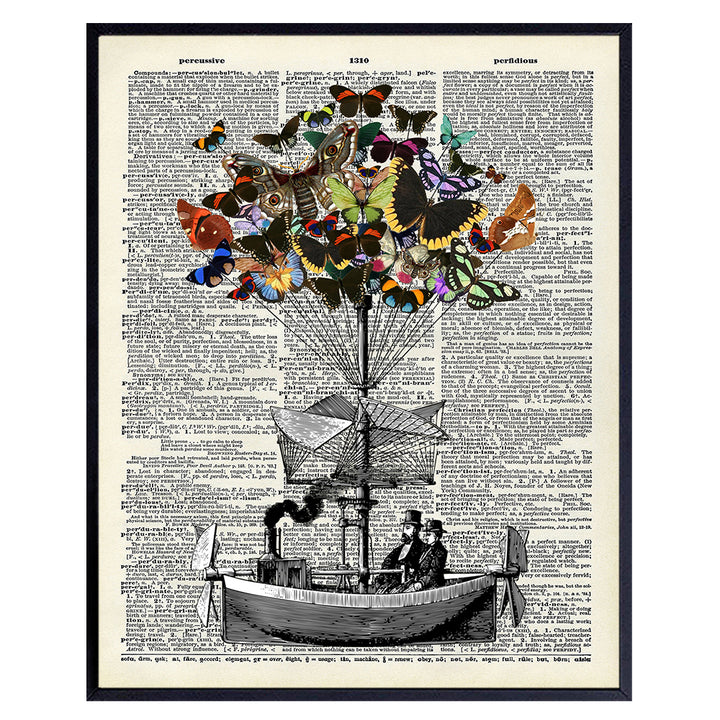 Steampunk Decor - Dirigible Poster - 8x10 Victorian Steampunk Wall Art - Butterflies Blimp Airship Room Decorations - Dictionary Page Photo - Steampunk Gifts