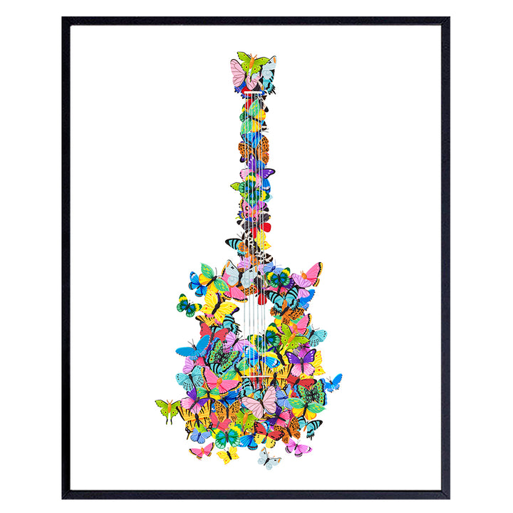 Butterfly Guitar Wall Art for Women, Teens, Girls, Musicians - Room Decor for Bedroom, Living Room, Home Office - Gift for Music Fans, Guitar Player - Butterflies Poster Print - 8x10 UNFRAMED