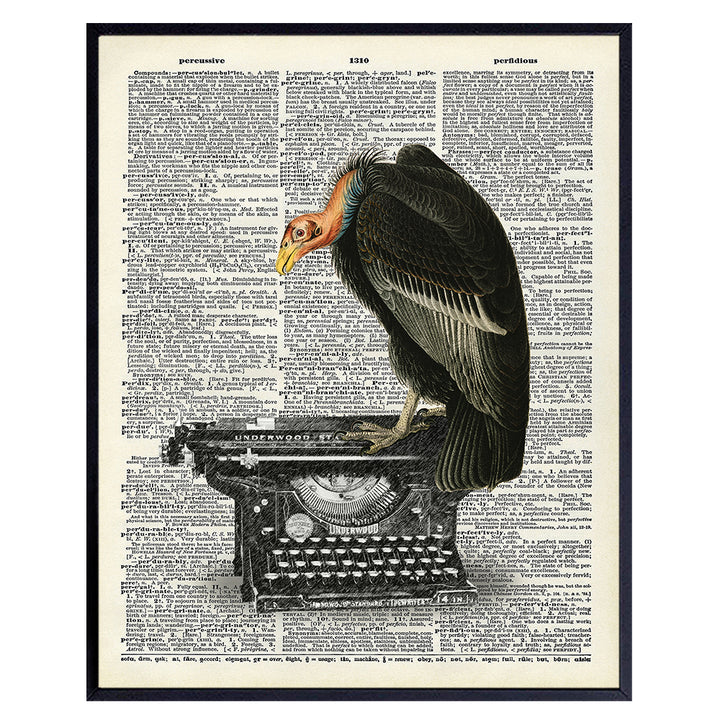 Goth Gothic Home Decor, Wall Art - Creepy Vulture, Buzzard on Typewriter for Living Room, Bedroom, Bathroom, Kitchen - Vintage Decoration or Gift for Writer, Literature Fan- 8x10 UNFRAMED Poster