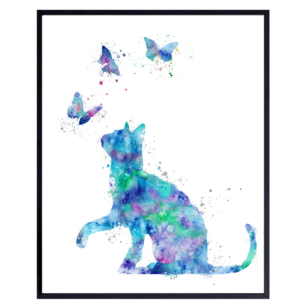 Watercolor Cat Wall Art Poster Print - Modern Home or Apartment Decor and Room Decorations for Bedroom, Girls, Baby, Kids Room or Nursery - Great Gift for Kitty Lovers - 8x10 Unframed Photo