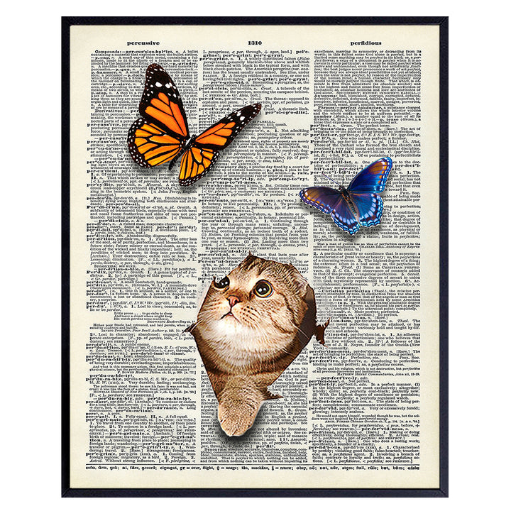 Cat Wall Art - Cat Wall Decor - Kitten and Butterflies Dictionary Art - 8x10 Photo Poster - Unique Gift for Cat Lovers, Vet, Veterinarians Office - Original Unframed Artwork Picture Print