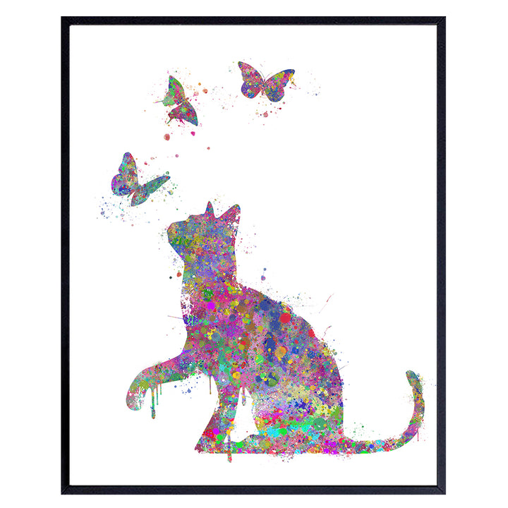 Butterfly Cat Wall Art Print - Colorful Watercolor Home Decor Perfect for Bedroom, Bathroom, Childrens, Girls, Baby Kids Room or Nursery - Great Gift for Kitty Lovers - 8x10 Photo - Unframed