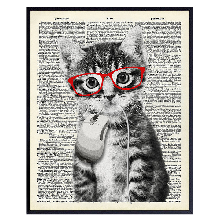 Cat and Mouse Dictionary Art - 8x10 Cat Wall Art Poster Print - Unique Gift for Animal Lovers, Kitty, Kitten and Computer Fans, Pet Owners - Cute, Funny Cat Wall Decor, Home Decoration