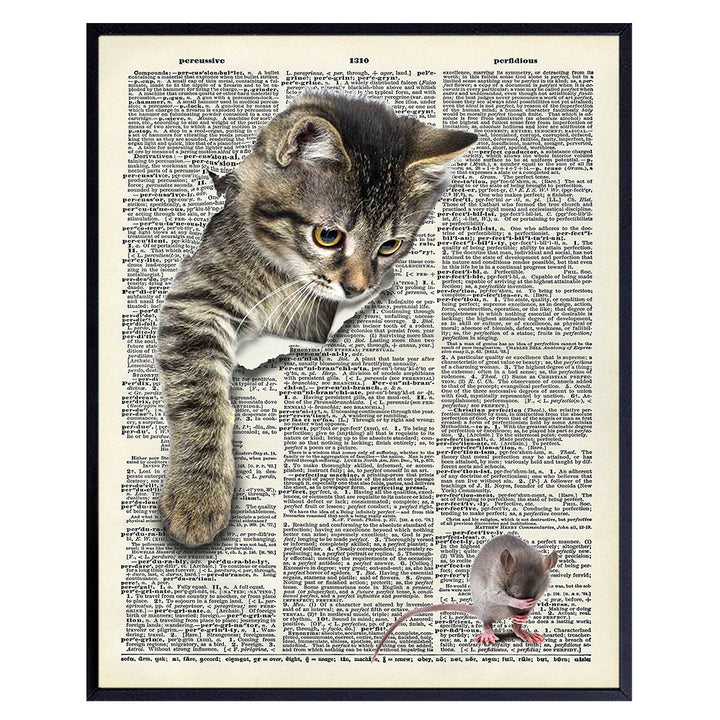 Cat Wall Decor - Cat Wall Art - Cute Funny Cat and Mouse Wall Decoration - Original Dictionary Art - Cat Gifts for Cat Lovers - Unframed - 8x10 Picture