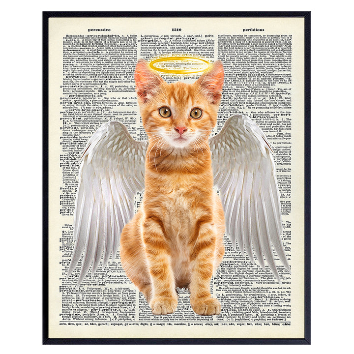 Angelic Cat Wall Art - Cat Wall Decor - Dictionary Art Print - Sweet Funny 8x10 Room Decoration or Home Decor Poster - Sentimental Angel, Kitty, Kitten or Cat Lover Gift - Upcycled Picture, Photo