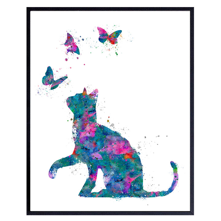 Cat Wall Art - Butterfly Room Decor, Home Decoration for Kids Bedroom, Living Room, Girls, Teens, Toddler, Baby Room or Nursery - Cute Cat Wall Decor Gift for Kitty, Pet Lover - Colorful Watercolor