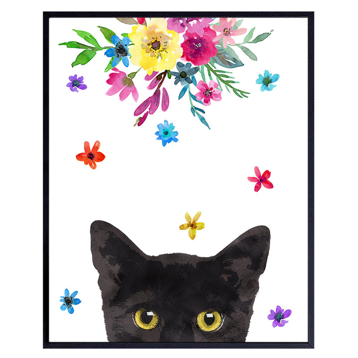 Cat Wall Decor - Cute Kitty Room Decoration for Girls Bedroom, Kids Room - 8x10 Flowers Floral Wall Art Gift for Women, Pussycat, Kitten, Cat Lovers, Veterinarian, Vet - Girly Poster Print