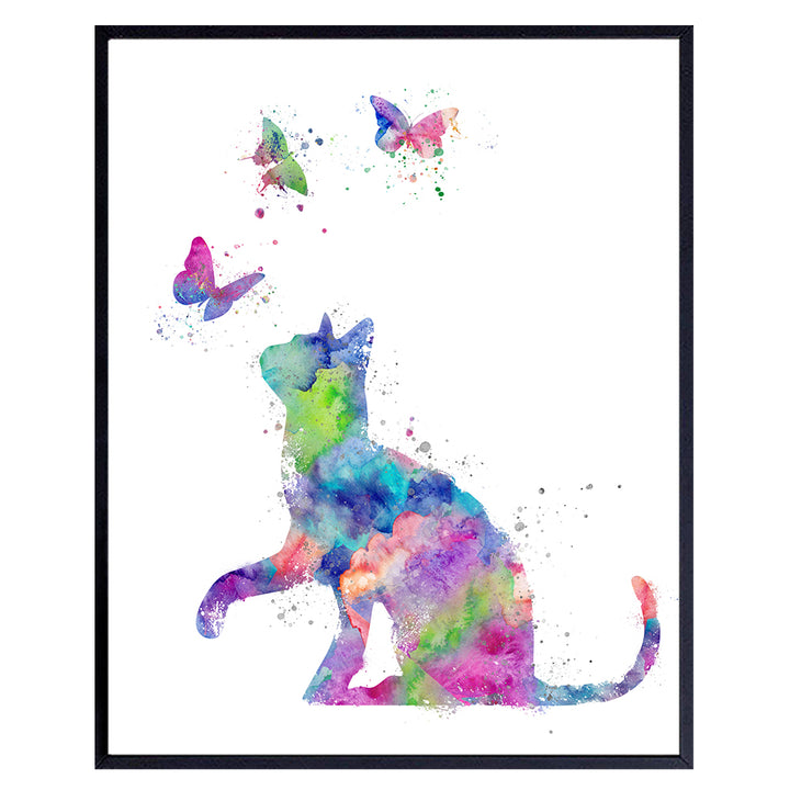 Butterflies and Cat Art - Watercolor Style Wall, Home or Apartment Decor - Sweet Poster Print Gift for Kitten, Kitty Lovers, Women, Girls, Kids, Baby Room, Nursery - Contemporary Modern 8x10 Picture