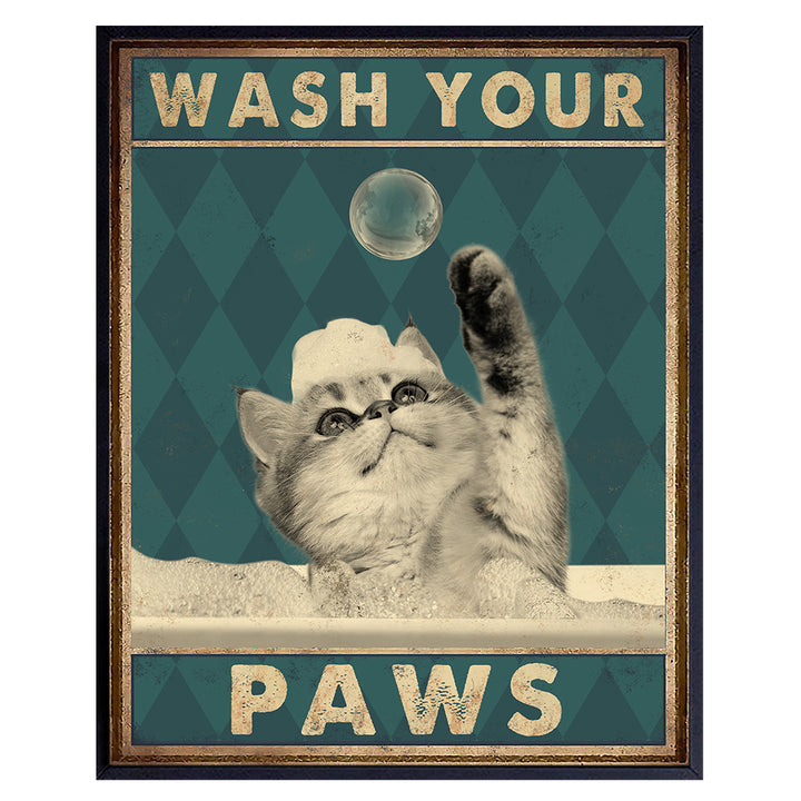 Cute Cat Bathroom Decor for Women, Kids - Wash Your Paws - Unique Bath Wall Decor - Modern Bathroom Wall Art - Guest Bathroom Accessories - Powder Room Posters - Wash Your Hands Sign - Butt Napkins