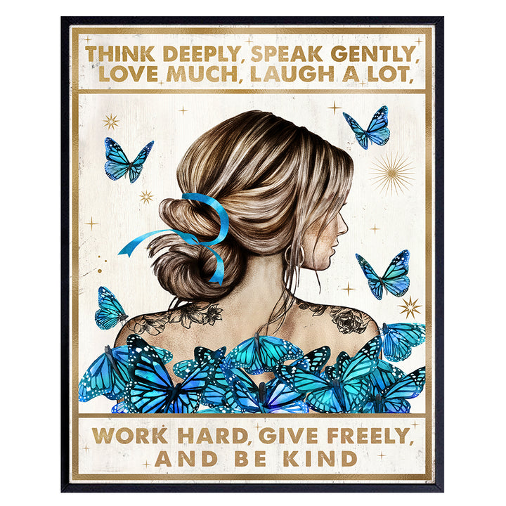 Inspirational Boho Wall Art - Motivational Quotes Wall Art - Be Kind Wall Decor for Women Girls Teens - Daughter Gifts - Butterfly Wall Decor - Blue Bedroom Living room Wall Decor 8x10 UNFRAMED