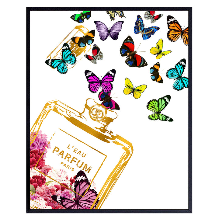 Fashion Wall Art & Decor with Butterflies - Glam Wall Decor - Designer Perfume Bottle - Bling Gift for Women Woman Wife Fashionista - Luxury Glamour Fashion design, Haute couture Fans - 8x10 UNFRAMED