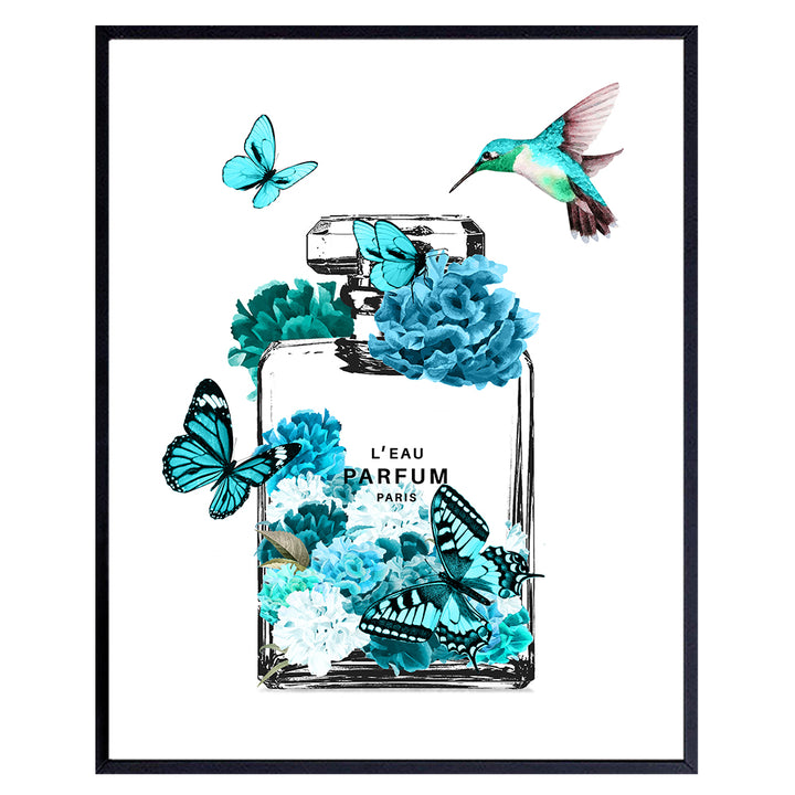 Fashion Wall Art - Blue Glam Wall Decor - Luxury High Fashion design Poster - Hummingbirds Butterflies Gift for Women Teen Girls Bedroom Bathroom Living room decoration - Designer Perfume