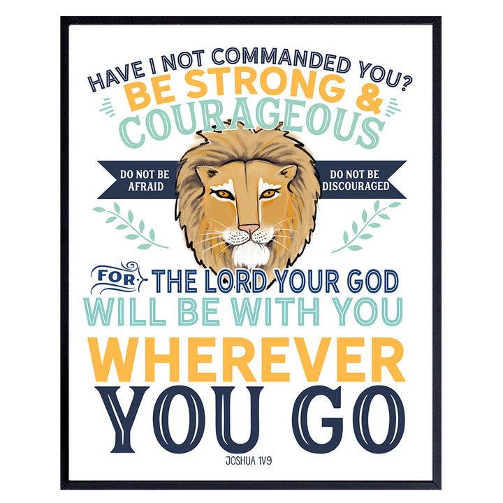 Motivational Religious Bible Verse Wall Art - Inspirational Christian Scripture - Lion Wall Decor for Home, Sunday School, Kids or Boys Bedroom, Living Room, Church - Catholic Gifts - Jungle Animal