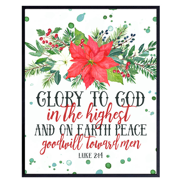 Religious Wall Decor, Christmas Decorations - Christian Scripture Bible Verse Wall Art - Red Poinsettia Holiday Decorations, Accessories or Gift - 8x10 UNFRAMED Picture