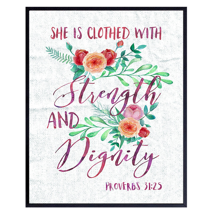 She is Clothed With Strength and Dignity - Christian Wall Decor - Proverbs 31 - Bible Verse Wall Art - Scripture Wall Decor - Inspirational Gift for Women, Girls - Religious Gifts - God Wall Decor