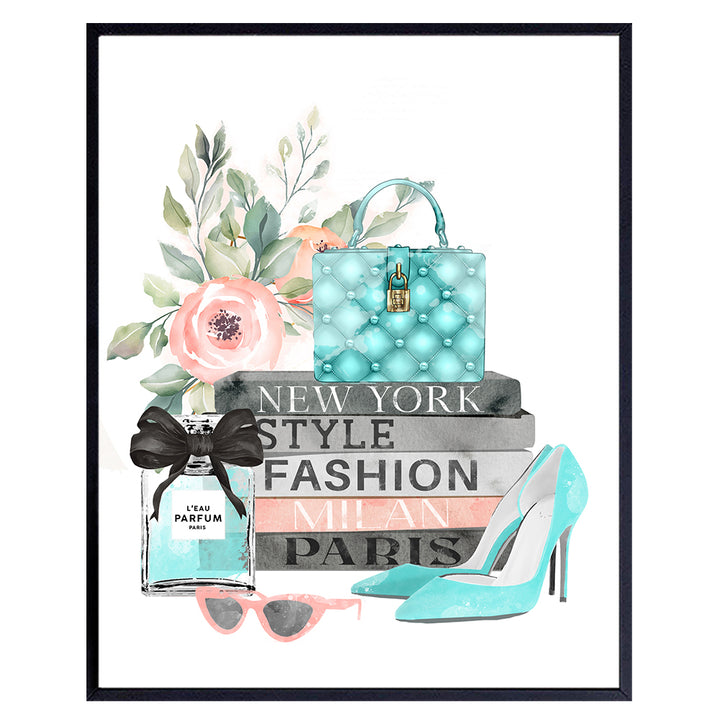 Blue High Fashion Wall Art - Designer Handbag, Purses, Shoes, Perfume - Glam Wall Decor - Luxury Gift for Women - Cute Bathroom decoration Teens Room, Girl Bedroom - Boho-chic Shabby chic Poster