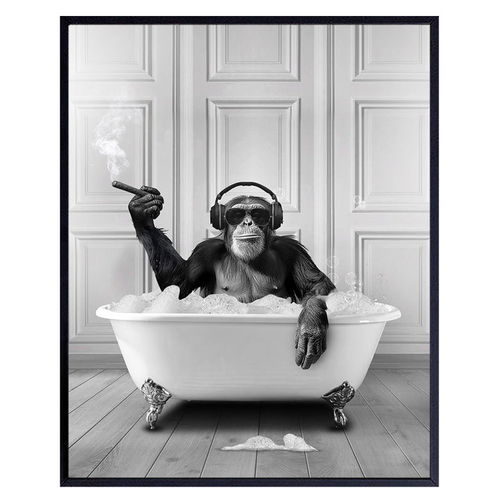 Cool Monkey Bathroom Wall Art - Cute Bathroom Wall Decor - Funny Chimpanzee small Bathroom Decor - Gray Bathroom Decor for Men - Chic Guest Bath Decor, Restroom Sign, Powder room Decor- Cigar Wall Art