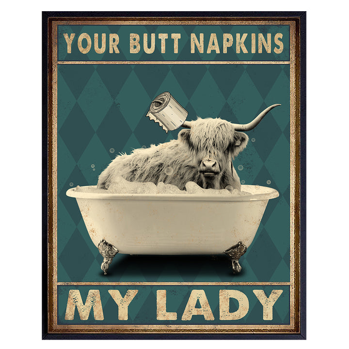 Cow Bathroom Wall Art & Decor - Butt Napkins My Lady - Highland Cow Bathroom Wall Art - Farmhouse Bathroom Decorations - Funny Guest Bathroom Pictures - Bath Wall Decor - Cute Accessories