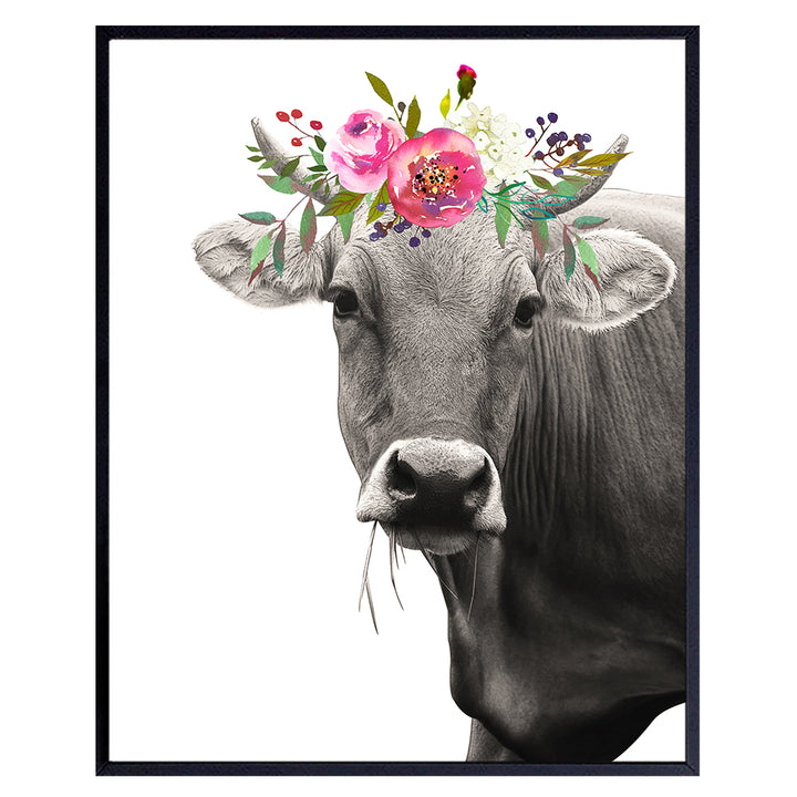 Cow Wall Decor - Cow With Flowers Wall Art - Farmhouse Wall Decor - Room Decorations for Home, Bathroom, Bedroom, Kitchen, Dining Room, Living Room - Gift for Women - UNFRAMED Picture Poster