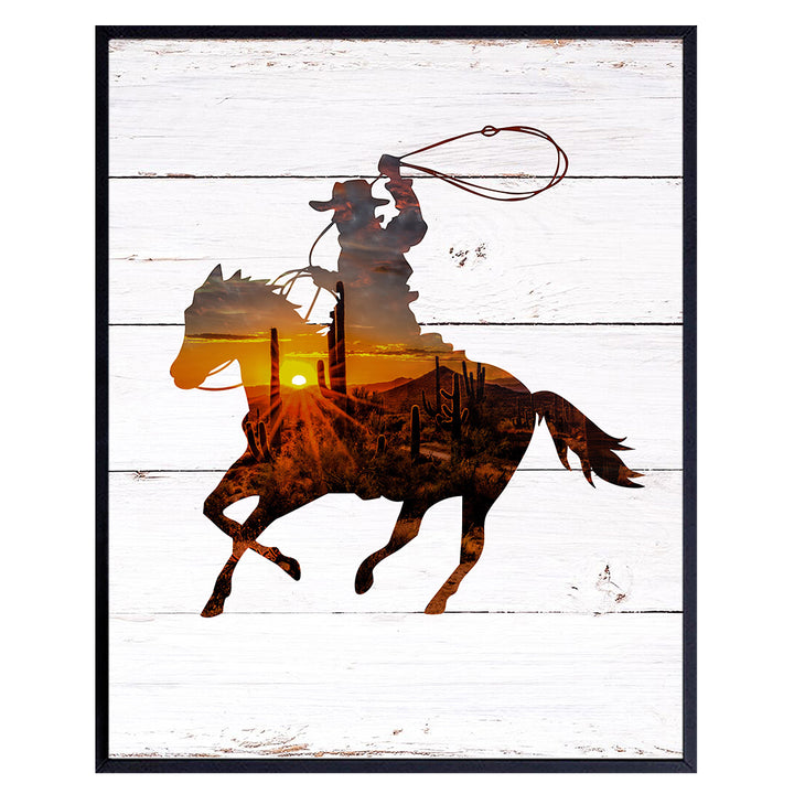 Western Decor - Western Wall Art - Cowboy Wall Decor - Ranch Decor - Horse Wall Art Decor - Roping Silhouette Room Decorations Poster Print - Gift for Rodeo Fans