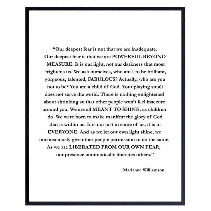 LARGE 11X14 - Marianne Williamson Deepest Fear Quote Wall Art Print - Perfect for Office and Home Decor - Makes a Great Affordable Gift - Inspirational and Motivational - Ready to Frame Photo