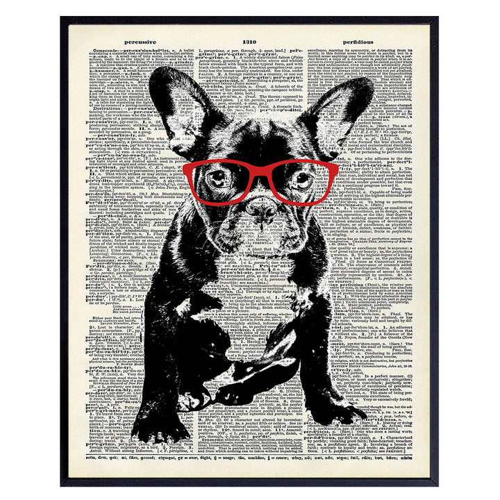 French Bulldog in Red Glasses - Dictionary Wall Art Print - 8X10 Photo Print - Cool Home Decor or Gift for Animal or Dog Lover, Veterinarian, Vet Office - Unframed Poster Picture