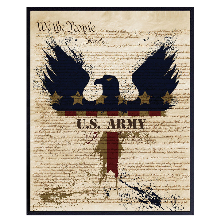 Patriotic US Army Art Poster - 8x10 Wall Decor - American Eagle Home Decoration Print for Living Room, Bedroom, Office - Gift for U.S. Military Servicemen, Servicewomen, Veteran, Vet - Unframed Print