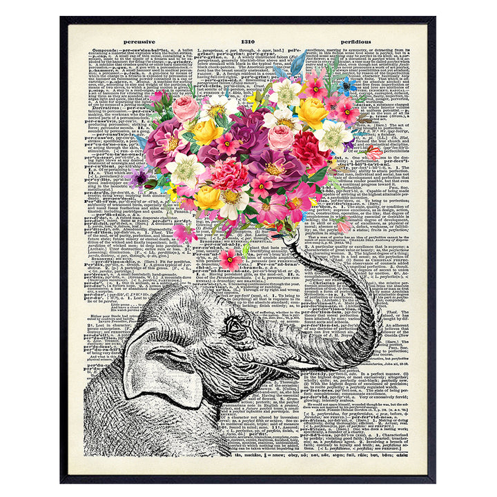 Elephant Dictionary Art Print - 8x10 Sweet Shabby Chic Poster for Home, Wall, Room Decor, Decoration, Bedroom, Bathroom - Cool, Unique Romantic Gift for Girlfriend, Wife - Unframed Picture Photo