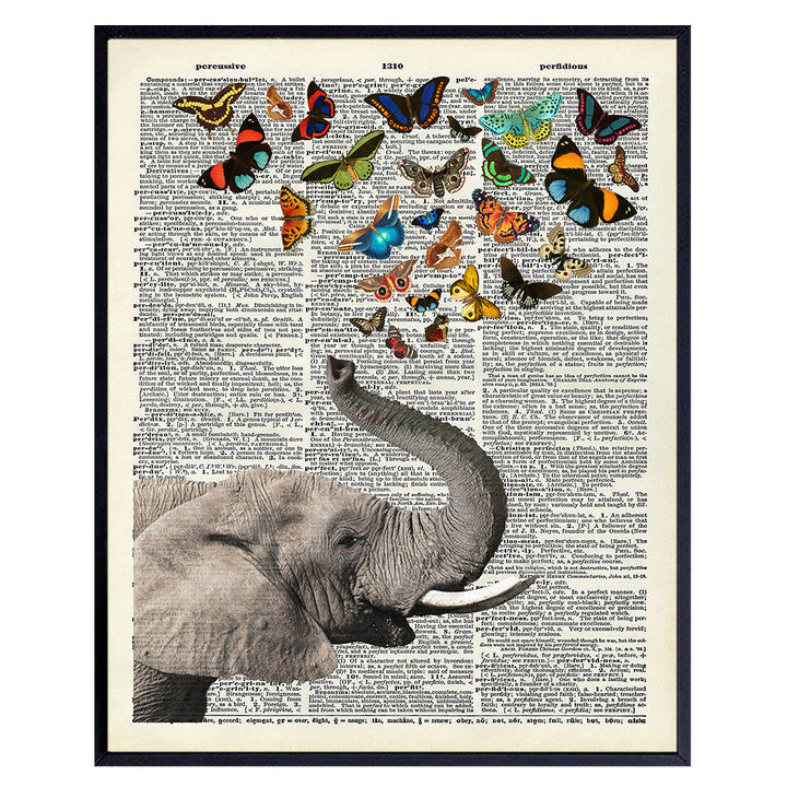 Elephant Butterfly Dictionary Art - 8x10 Vintage Wall Decor, Home Decoration for Bedroom, Living Room - Whimsical Unique Chic Gift for Nature and Animal Lovers - Unframed Poster, Picture, Print, Photo