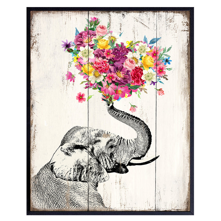 Elephant Floral Heart Boho Wall Art - Vintage Rustic Picture for Room Decor, Home Decoration, Bedroom, Bathroom, Apartment - Cute, Unique Romantic Gift for Women, Her, Wife - UNFRAMED Print